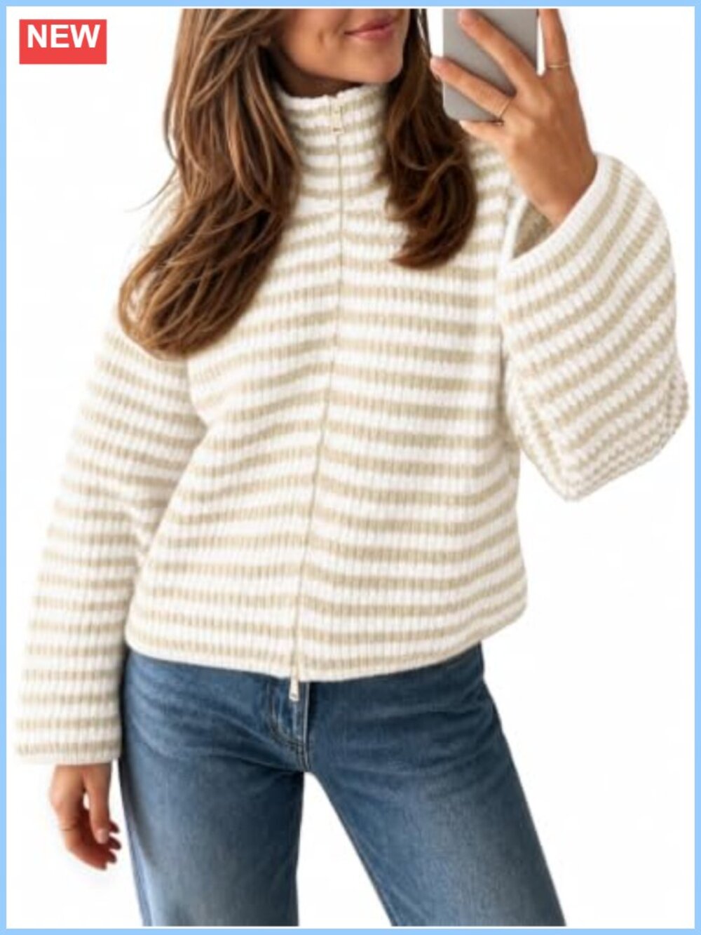 Womens Striped Zip Up Knit Cardigan Mock Neck Loose Fit Long Sleeve Sweater